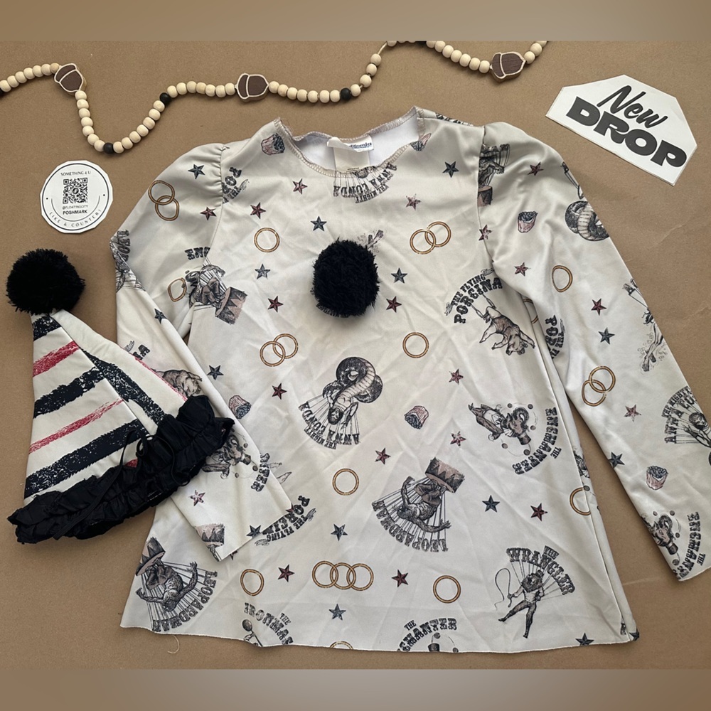 CALIFORNIA COSTUMES Clown Top & Hat Bundle Graphic Long Sleeve SIZE MEDIUM Puff
